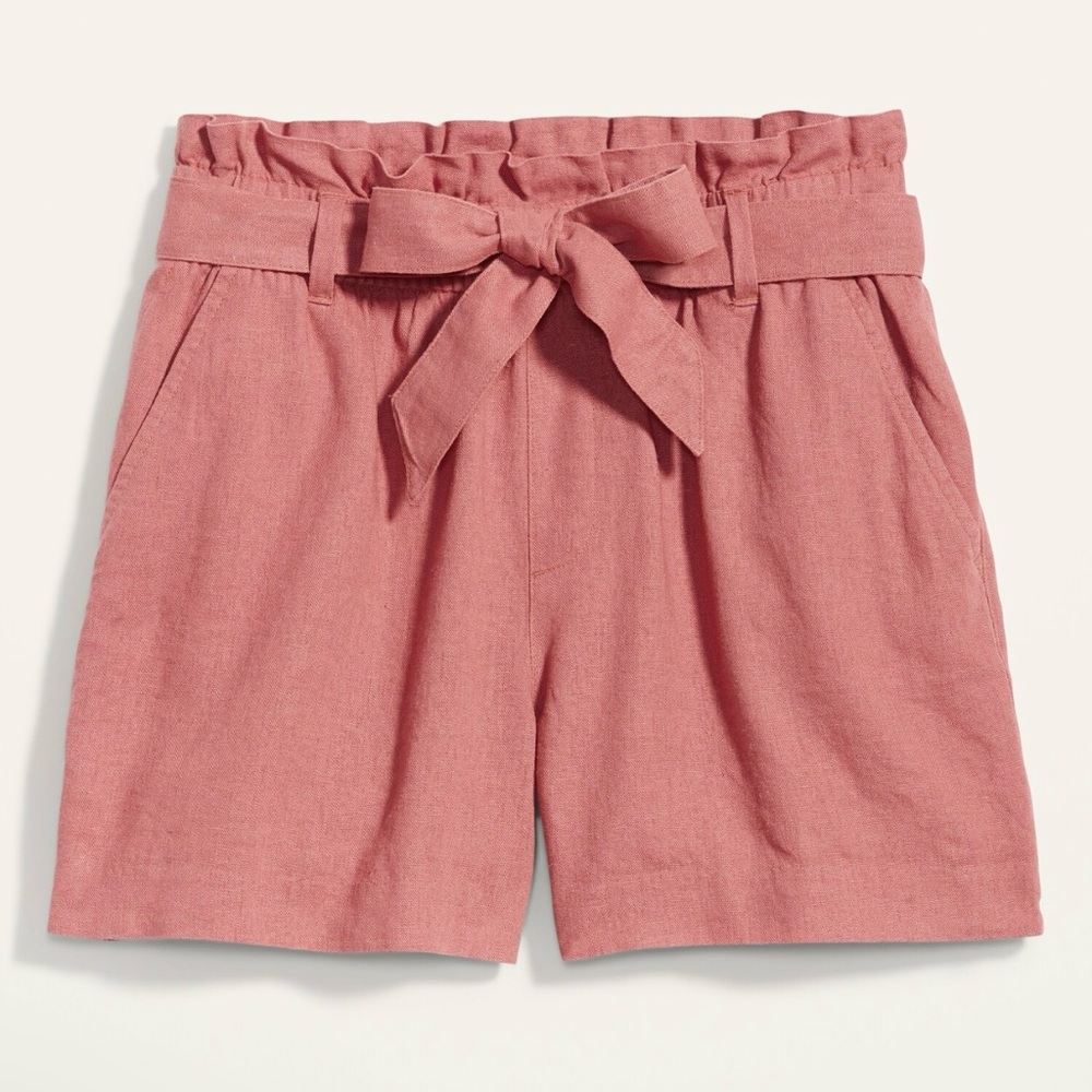 High-Waisted Tie-Belt Linen-Blend Shorts